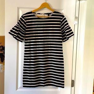 J Crew, Black and white striped mini dress with bell slushier sleeves